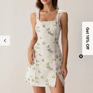 Beige Square Neck Embroidery Slit Slip Mini Dress size small NWT